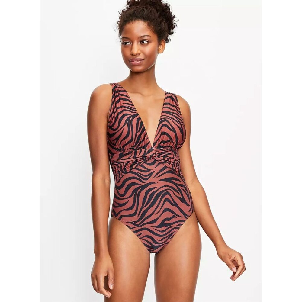 LOFT Beach One Piece Swimsuit Womens S Twist Plunge Animal Print New
